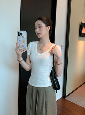 Maven Lin高知松弛 莱赛尔凉感白色短袖T恤女气质修身正肩U领上衣