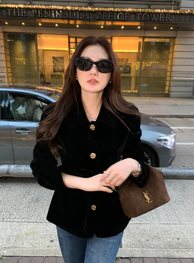 Maven Lin 柔润光泽 复古小香风短外套女气质可拆卸腰带丝绒上衣