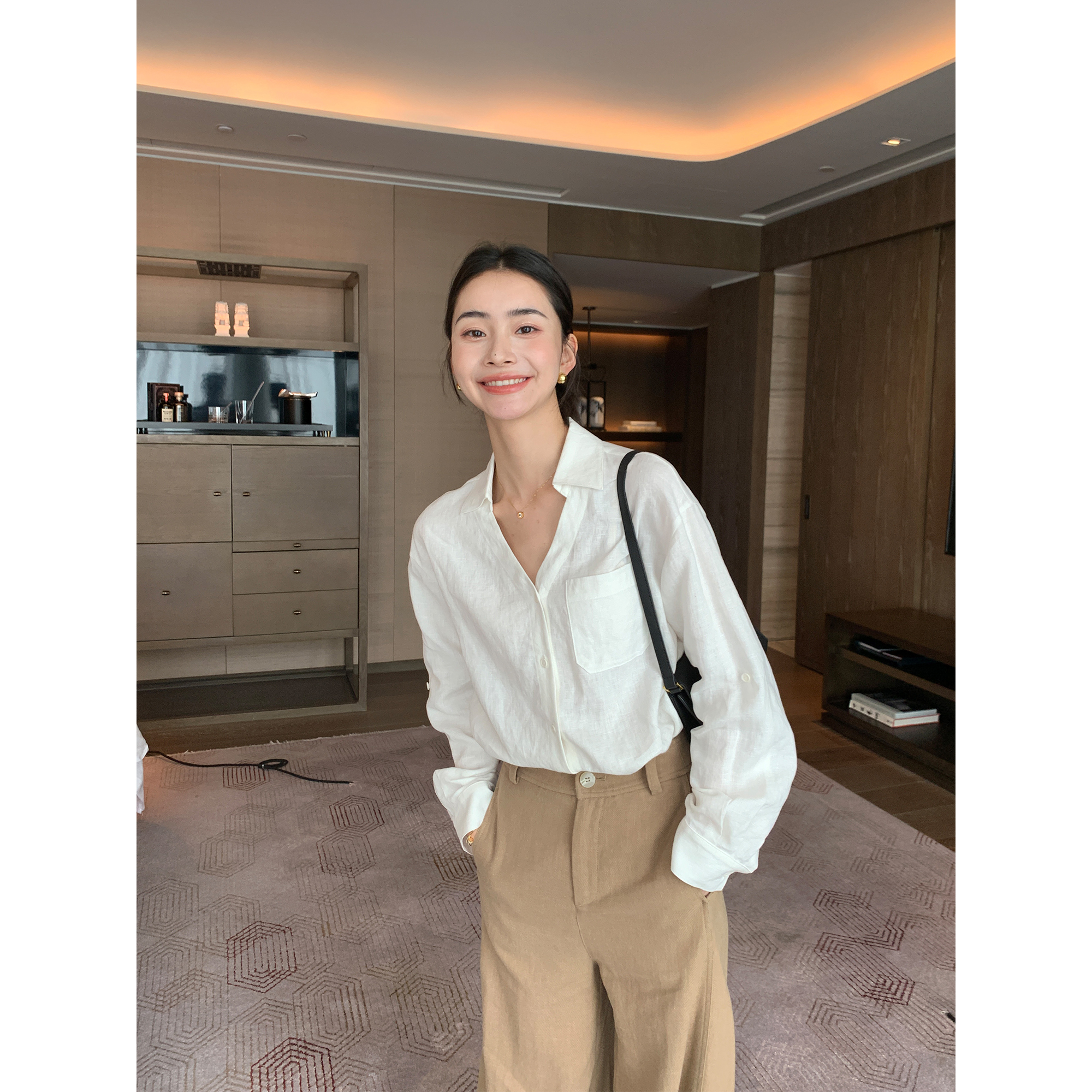 Maven Lin 轻奢高支100%汉麻衬衫女气质宽松V型翻领透气开衫上衣