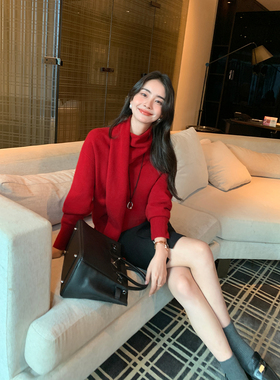 Maven Lin  主推！ 1OO羊毛长袖红色毛衣女高级感自带围巾针织衫