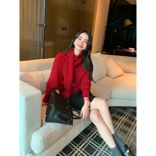 红色毛衣女高级感自带围巾针织衫 Maven 100%羊毛长袖 主推 Lin