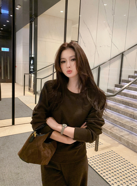 Maven Lin R0W时装感 气质圆领针织套头卫衣女休闲宽松阔腿裤套装