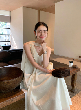 Maven Lin 优雅体感 两面穿莱赛尔气质无袖连衣裙女度假飘带长裙