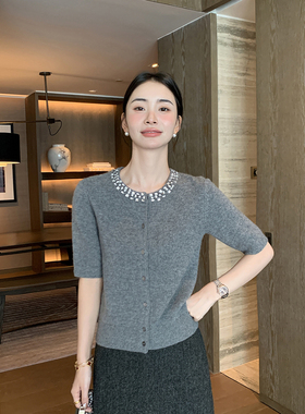 Maven Lin 手工定珠 | 100%羊毛圆领针织衫女宽松高级感中袖开衫