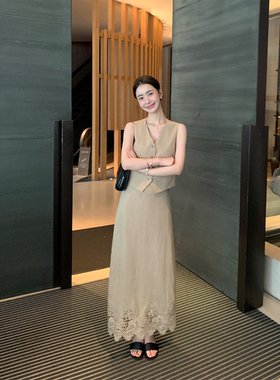 Maven Lin 巧思韵律 1OO亚麻V领马甲背心女镂空蕾丝花边半裙套装