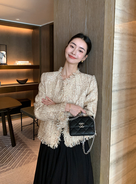 Maven Lin 精致幻彩编制花呢小香风短外套女秋冬流苏夹棉呢上衣