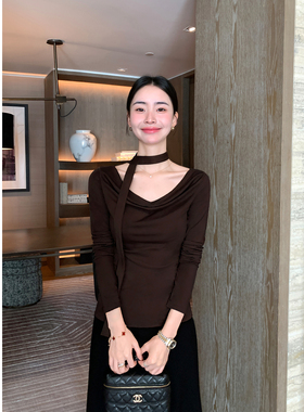 Maven Lin 贵价优雅 飘带荡领长袖上衣女一字领气质收腰针织T恤