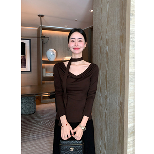 飘带荡领长袖 贵价优雅 上衣女一字领气质收腰针织T恤 Lin Maven