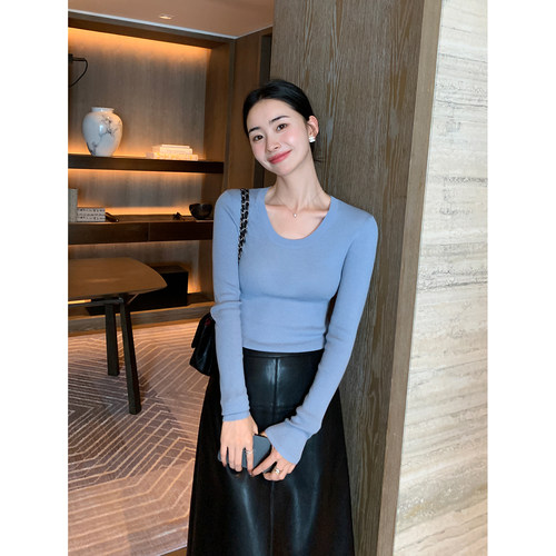 Maven Lin 高智Office 100羊毛修身U领针织衫女柔软长袖打底上衣