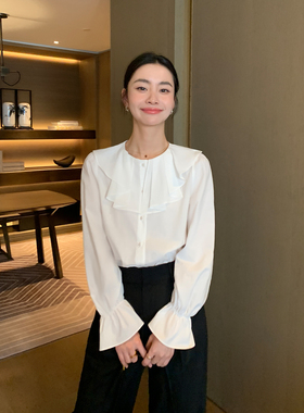 Maven Lin 气质通勤简约长袖衬衣女小众休闲荷叶边白色内搭衬衫