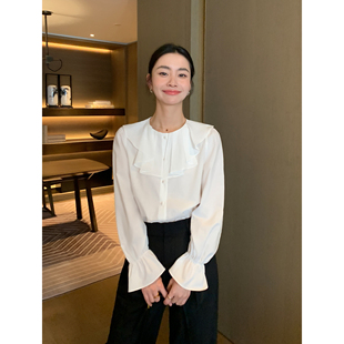 衬衣女小众休闲荷叶边白色内搭衬衫 气质通勤简约长袖 Lin Maven