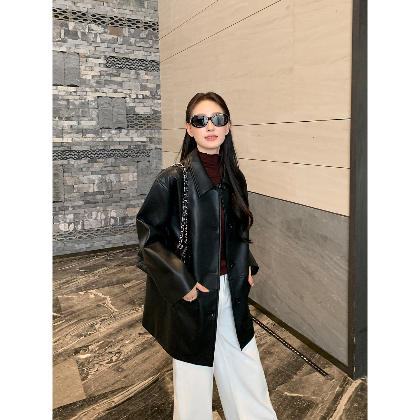 Maven Lin摩登律动 高级感黑色皮衣夹克女宽松中长款pu皮外套大衣