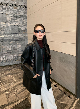 Maven Lin摩登律动 高级感黑色皮衣夹克女宽松中长款pu皮外套大衣