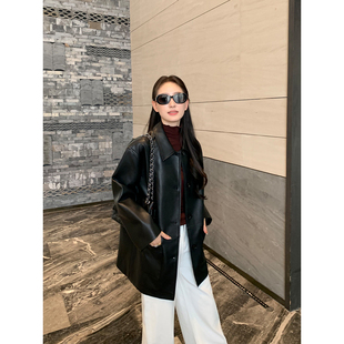 黑色皮衣夹克女中长款 Maven 摩登律动 现货7折 pu皮外套 Lin