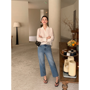 Lin 百搭通勤裤 重工洗水直筒牛仔裤 九分裤 子 女高腰烟管裤 Maven