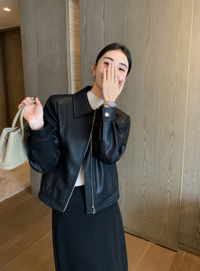 Maven Lin 黑色pu皮衣外套女2025春秋新款复古短款翻领机车皮夹克