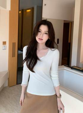 Maven Lin  巧思内搭 气质V领蕾丝打底上衣女修身显瘦长袖针织衫