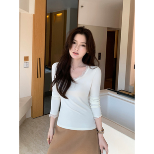 Maven Lin  巧思内搭 气质V领蕾丝打底上衣女修身显瘦长袖针织衫
