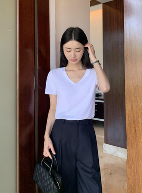 Maven Lin【现货7.5折】经典基础款v领短袖T恤女纯色针织半袖上衣