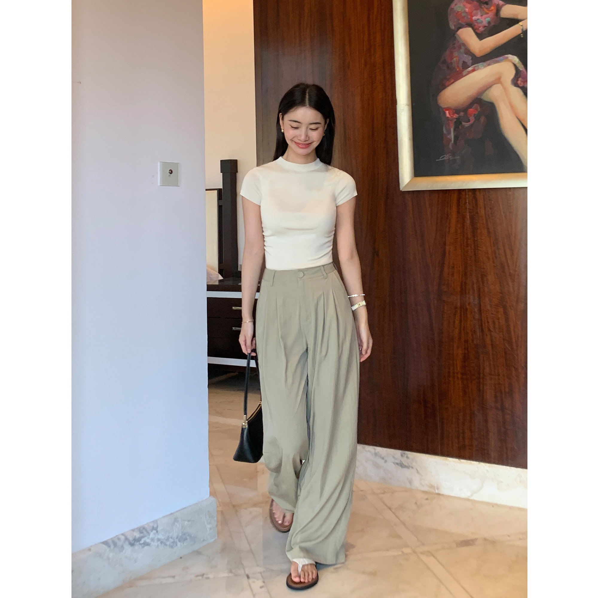 半高领针织短袖t恤女天丝上衣