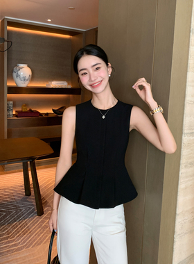 Maven Lin 高智白领 黑色醋酸衬衫女无袖圆领收腰荷叶边背心上衣