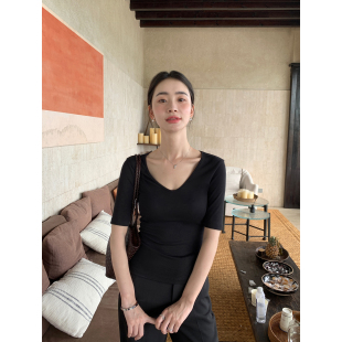 V领t恤女弹力修身 Maven 黑色基础通勤中袖 Lin 显瘦上衣 极简气质