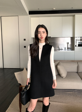 Maven Lin 极简羊毛100%双面呢连衣裙女秋冬深V领毛呢背心裙A字裙