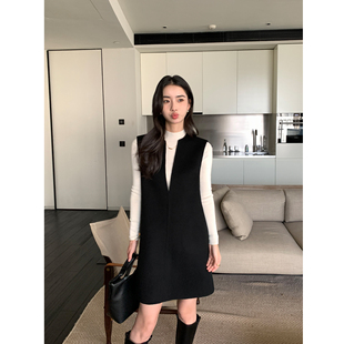 Maven 极简羊毛100%双面呢连衣裙女秋冬深V领毛呢背心裙A字裙 Lin