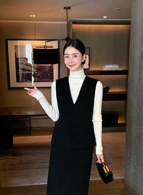 Maven Lin 100%羊毛高级感黑色V领马甲女+直筒双面呢半身长裙套装