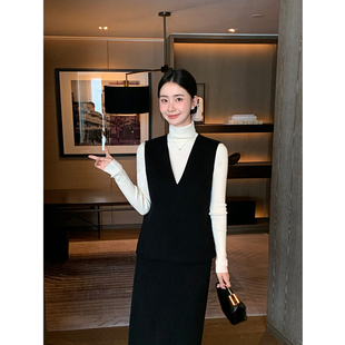 直筒双面呢半身长裙套装 100%羊毛高级感黑色V领马甲女 Lin Maven