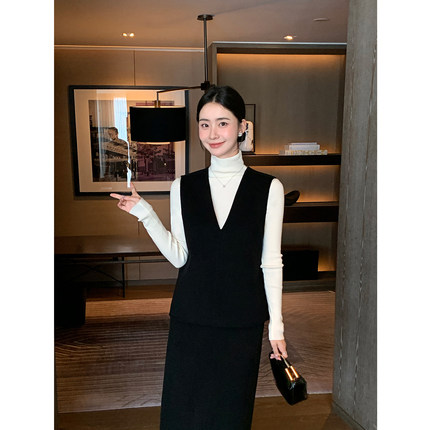 Maven Lin 100%羊毛高级感黑色V领马甲女+直筒双面呢半身长裙套装