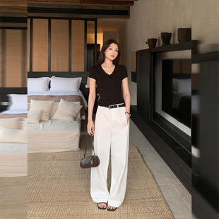 Lin 显瘦拖地长裤 弧线生姿 女宽松休闲裤 子 垂感阔腿镰刀裤 Maven