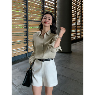 短裤 白色醋酸西装 女夏季 新款 Maven 高品质显瘦高腰直筒裤 Lin