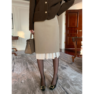 智性精英拼接直筒半身裙女通勤后开叉中裙 现货7.5折 Maven Lin