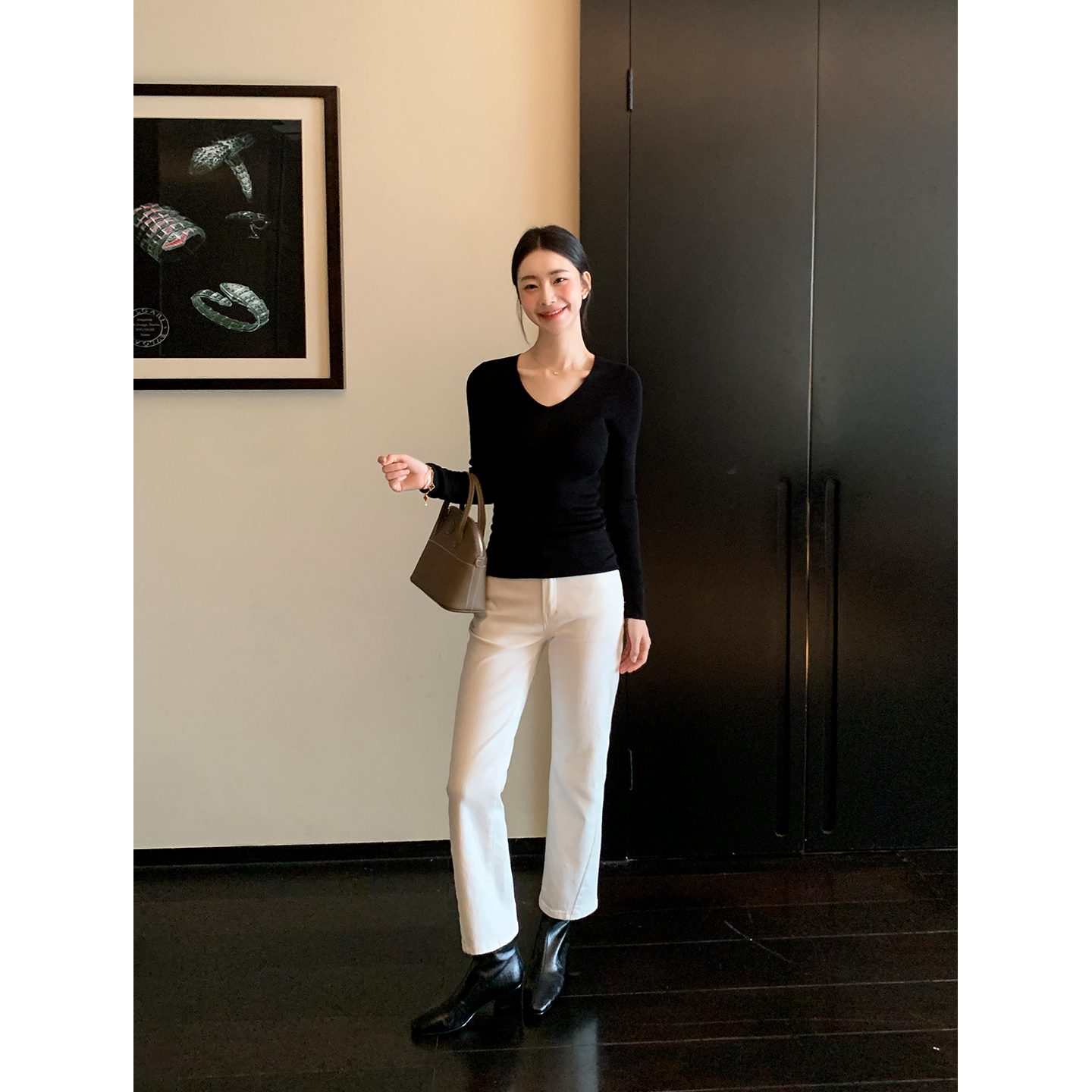 Maven Lin 率性干练 白色高腰牛仔裤女立体侧缝锥形遮胯九分裤子