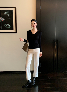 Maven Lin 率性干练 白色高腰牛仔裤女立体侧缝锥形遮胯九分裤子