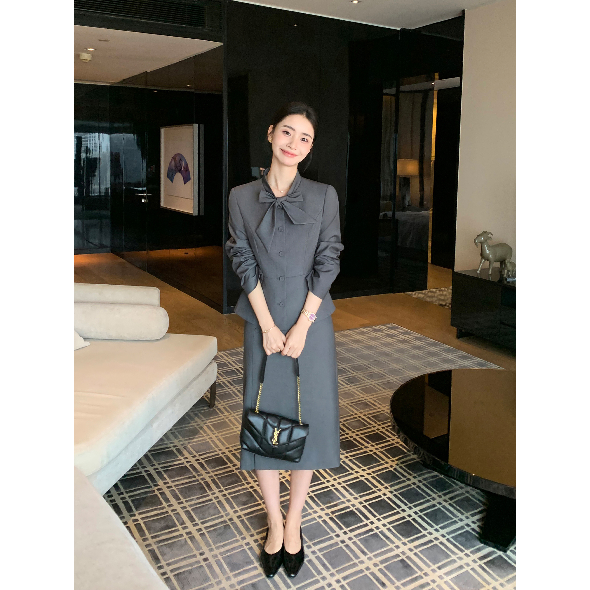 Maven Lin 高智精英丨高级收腰短款西装外套女开叉直筒半身裙套装