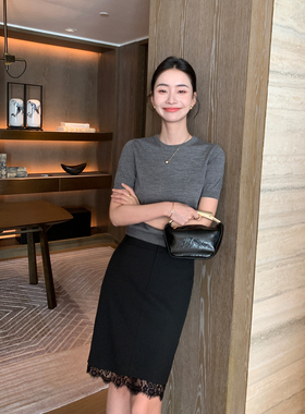 Maven Lin 精英衣橱|知识分子通勤直筒半身裙女高级黑色拼接蕾丝