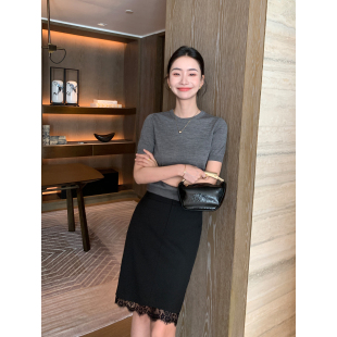 知识分子通勤直筒半身裙女高级黑色拼接蕾丝 精英衣橱 Maven Lin