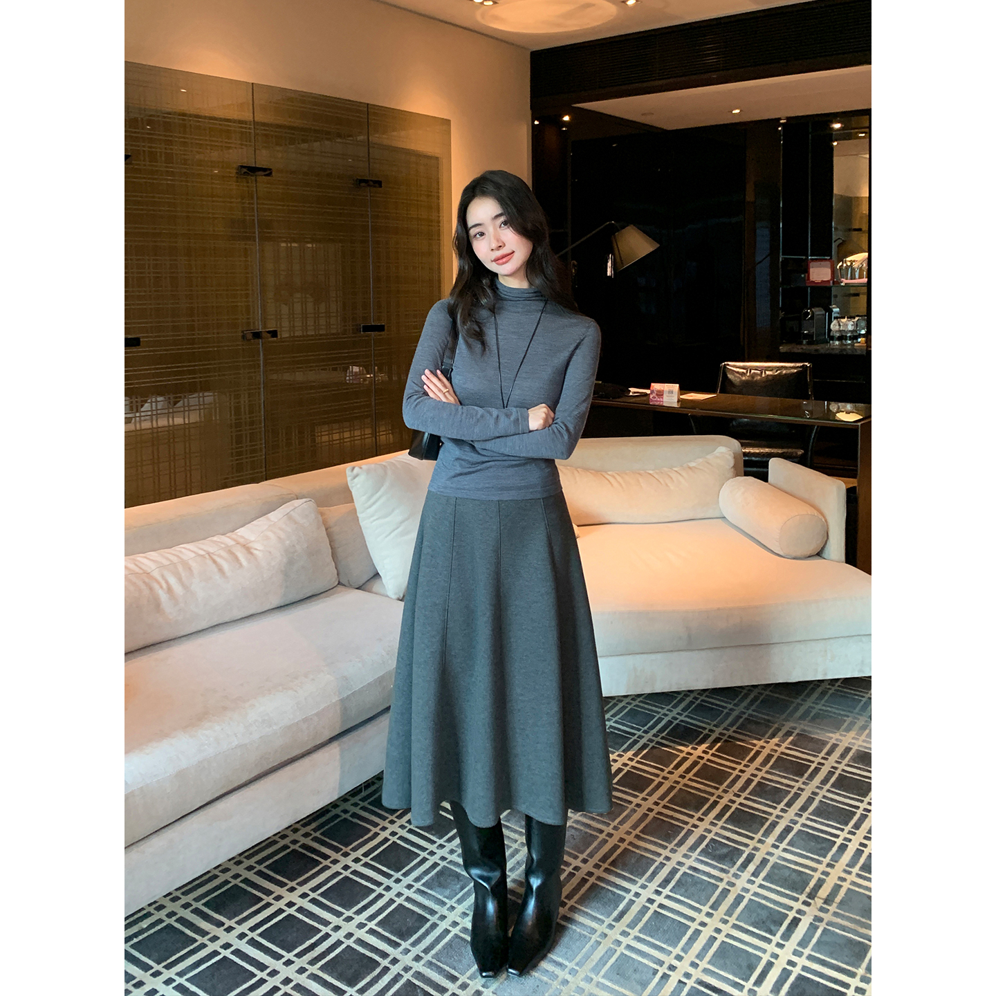 Maven Lin 静奢气质 简约毛呢a字半身裙女通勤高腰中长款大摆伞裙
