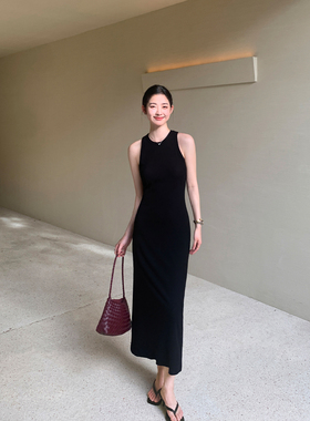 Maven Lin 极简至美 黑色法式针织背心连衣裙女气质修身无袖长裙