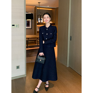 大摆裙女 大A字小香风半身裙气质羊毛颗粒感高腰中长款 Maven Lin