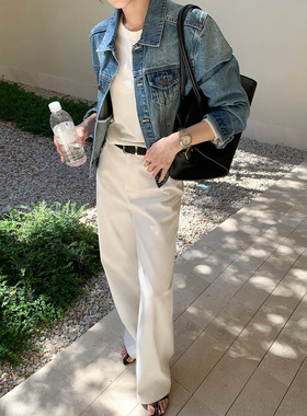 Maven Lin 主推自留款 简约白色直筒休闲裤女宽松通勤高腰阔腿裤