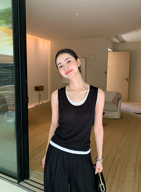 Maven Lin 人手一件 莱赛尔撞色U领吊带背心女外穿假两件无袖上衣