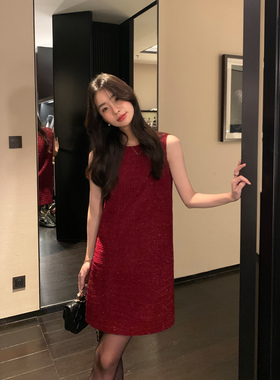 Maven Lin 气质肌理小香风背心连衣裙女春秋高端打底红色毛呢裙