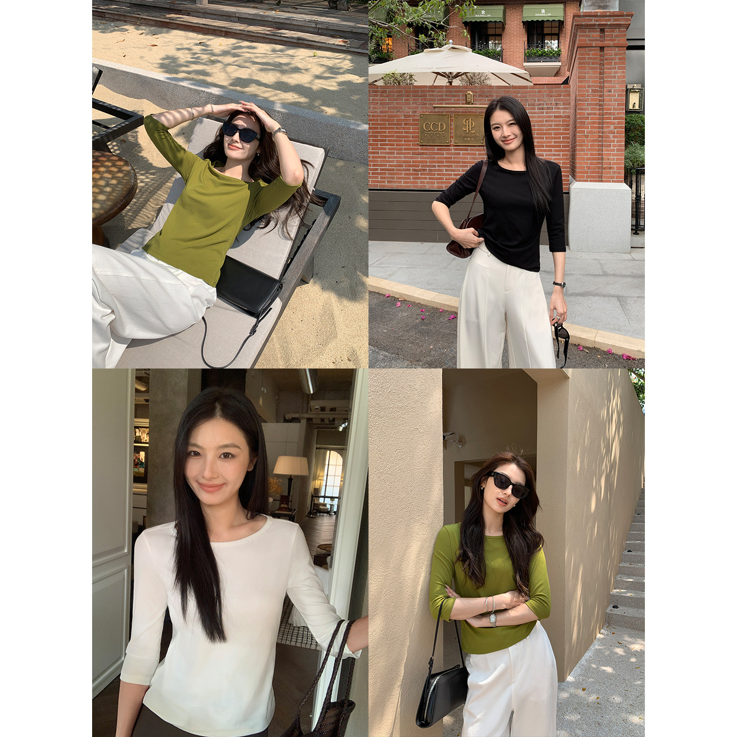 Maven Lin 舒展自如 简约一字船领七分袖T恤女休闲宽松中袖上衣