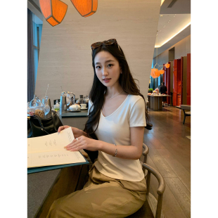 白色短袖 Maven 实穿 经典 T恤女休闲宽松莫代尔v领正肩上衣夏 Lin