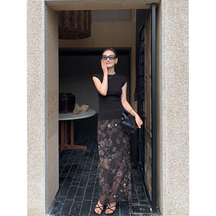 Maven 华贵轻奢半透视雪纺印花半身裙气质拼接荷叶边鱼尾裙 Lin