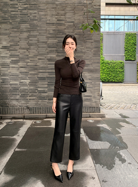 Maven Lin【现货7折】经典主义 黑色pu皮裤女高腰修身直简九分裤