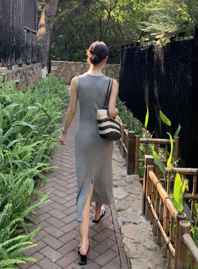 Maven Lin 高级感黑色背心裙女2025夏季云梯棉圆领无袖长款连衣裙